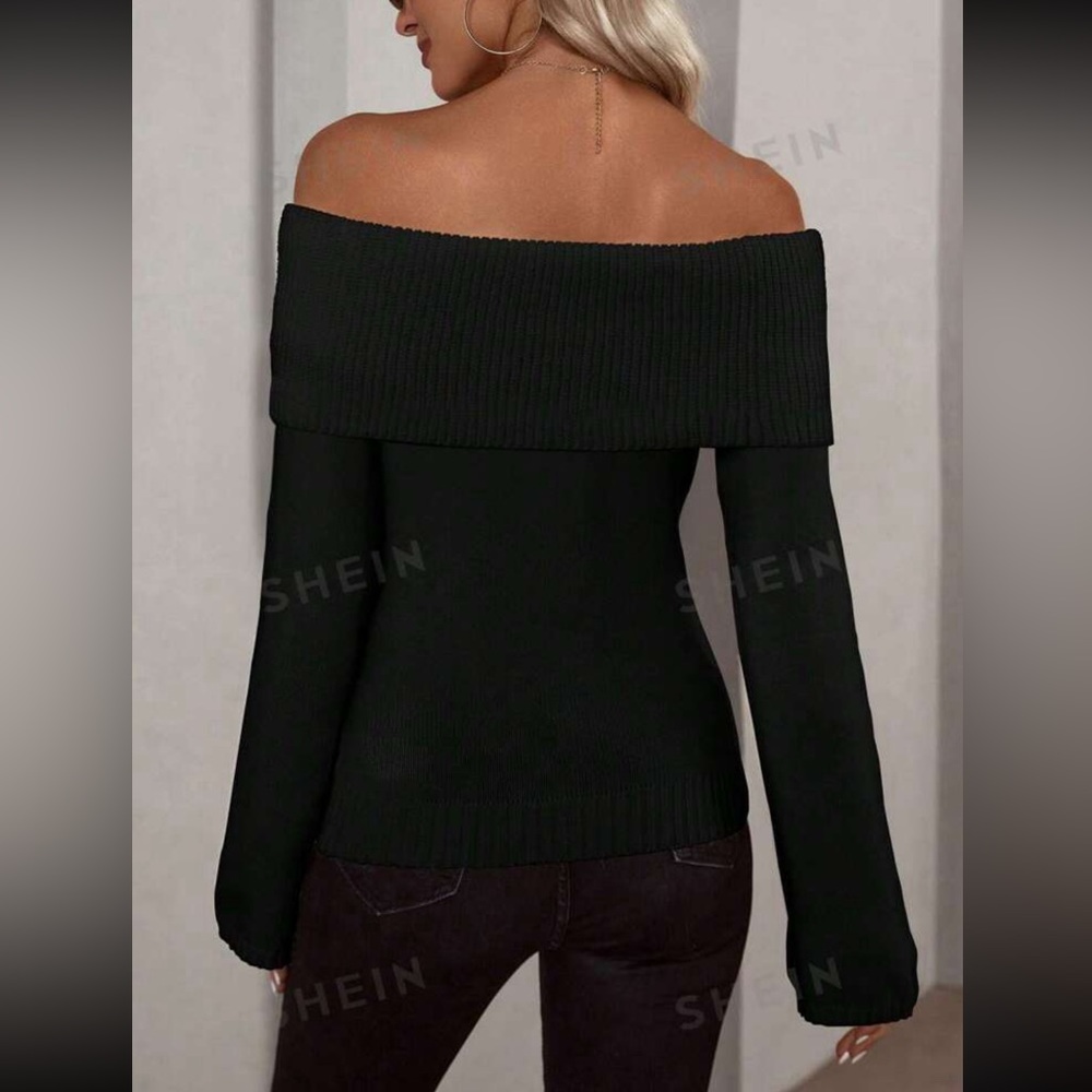 Off Shoulder Foldover Ribbed Knit Sweater - Picture 2 of 8